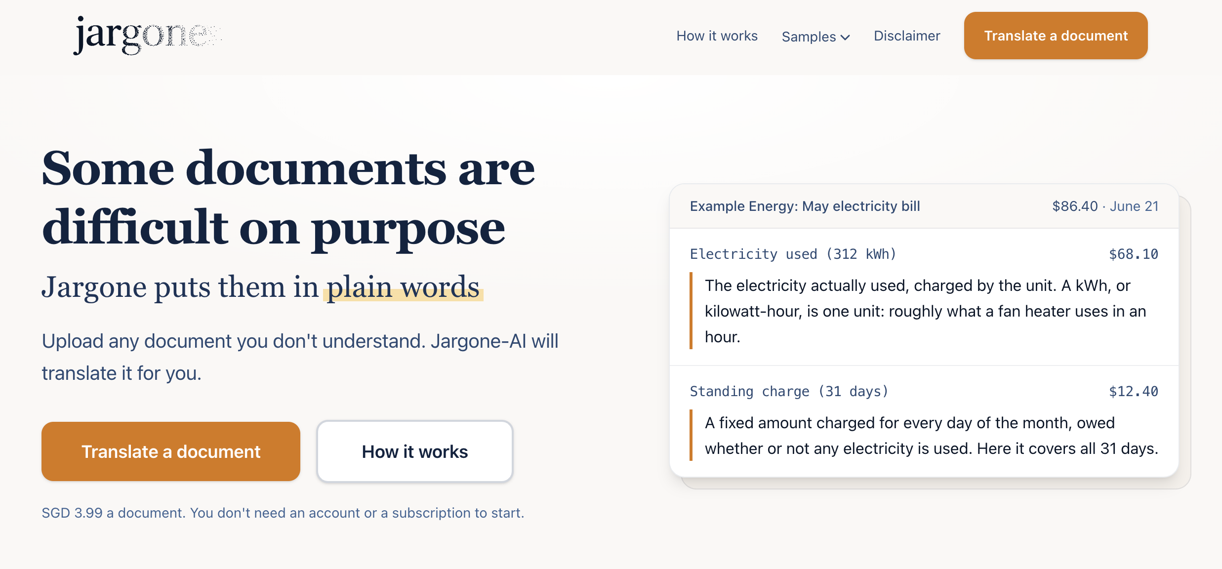 Jargone homepage showing an electricity bill translated into plain language
